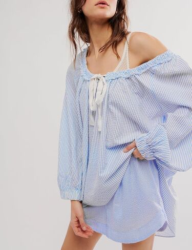 Majdan Women's Tunic Long Sleeve Casual Cotton Oversized Striped Top with Tie in Kuwait