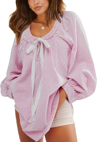 Majdan Women's Tunic Long Sleeve Casual Cotton Oversized Striped Top with Tie in Kuwait