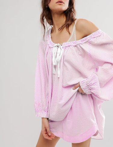 Majdan Women's Tunic Long Sleeve Casual Cotton Oversized Striped Top with Tie in Kuwait