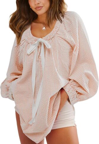 Majdan Women's Tunic Long Sleeve Casual Cotton Oversized Striped Top with Tie in Kuwait