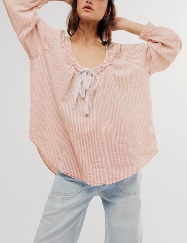 Majdan Women's Tunic Long Sleeve Casual Cotton Oversized Striped Top with Tie in Kuwait