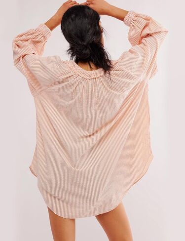 Majdan Women's Tunic Long Sleeve Casual Cotton Oversized Striped Top with Tie in Kuwait