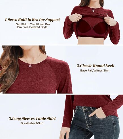 Women Long Sleeves Shirt with Built Sewn in Bra Loose Fit Tank Top Casual Padded Trendy Blouse Tunic Pullover in Kuwait