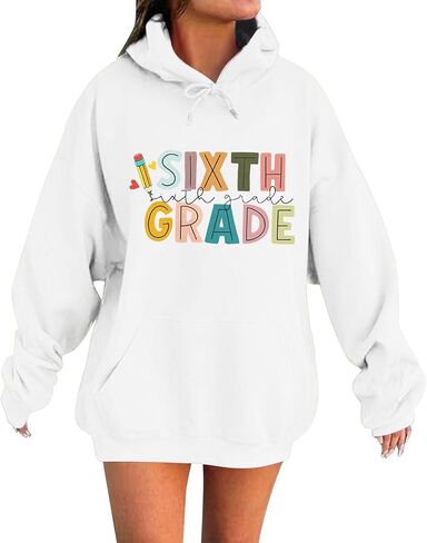 Teacher Shirt Women's Sixth Grade Hoodie Cute Graphic Back To School Pocket Drop Shoulder Long Sleeve Hooded Sweatshirt in Saudi Arabia