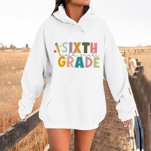 Teacher Shirt Women's Sixth Grade Hoodie Cute Graphic Back To School Pocket Drop Shoulder Long Sleeve Hooded Sweatshirt in Saudi Arabia