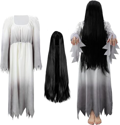 2 Pcs Halloween Women Gossamer Ghost Costume Set White Victorian Vintage Dress Gown Black Wig for Horror Cosplay in Saudi Arabia