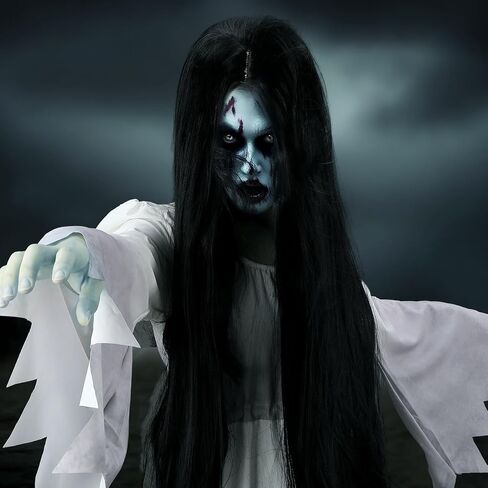 2 Pcs Halloween Women Gossamer Ghost Costume Set White Victorian Vintage Dress Gown Black Wig for Horror Cosplay in Saudi Arabia
