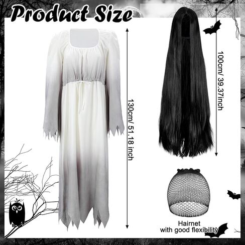 2 Pcs Halloween Women Gossamer Ghost Costume Set White Victorian Vintage Dress Gown Black Wig for Horror Cosplay in Saudi Arabia