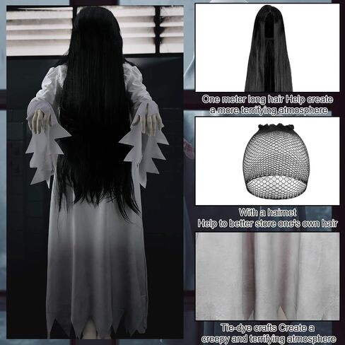 2 Pcs Halloween Women Gossamer Ghost Costume Set White Victorian Vintage Dress Gown Black Wig for Horror Cosplay in Saudi Arabia