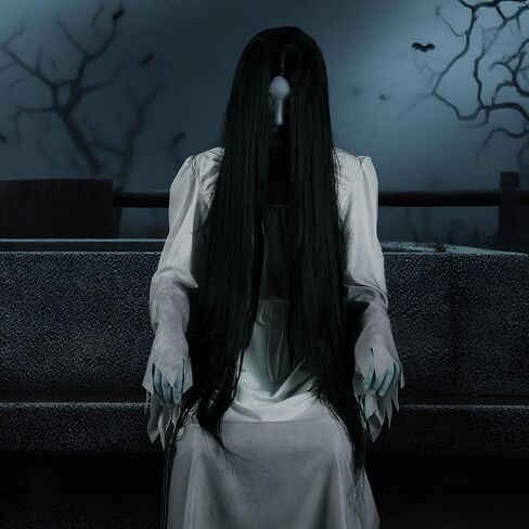 2 Pcs Halloween Women Gossamer Ghost Costume Set White Victorian Vintage Dress Gown Black Wig for Horror Cosplay in Saudi Arabia