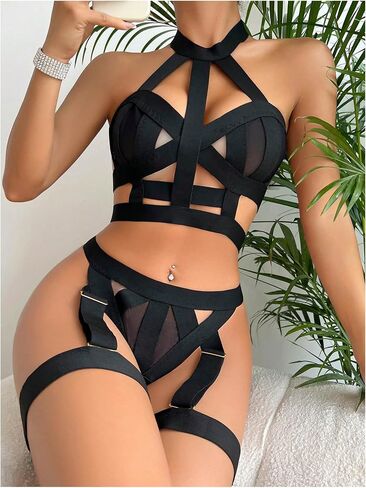 Verdusa Women's 4 Piece Strappy Lingerie Set Cut Out Halter Bra and Thong with Garter in Saudi Arabia