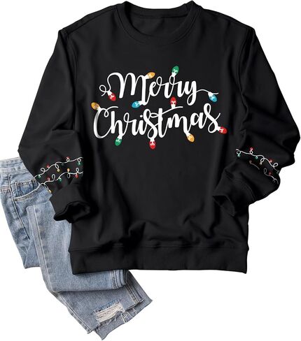 Womens Christmas Sweatshirts Long Sleeve Merry Christmas Sweater Crewneck Xmas Holiday Shirt Pullover Tops in Kuwait