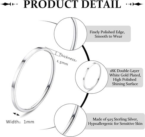 S925 Sterling Silver Rings for Women Men 18K White Gold Plated Stackable Statement Thin Plain Thumb Ring High Polished Wedding Band Ring Comfort Fit Size 4 to 12, 1mm 2mm 3mm 4mm in Saudi Arabia