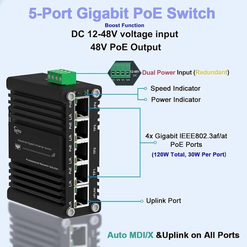 جيجابت 5 منافذ PoE محول إيثرنت صناعي غير مُدار Din-Rail مع 4 منافذ PoE النشطة + IEEE802.3af/at 30W RJ45 ما يصل إلى 120W 10/100/1000Mbps محول الشبكة 12-48V DC in Kuwait
