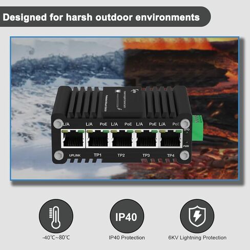 جيجابت 5 منافذ PoE محول إيثرنت صناعي غير مُدار Din-Rail مع 4 منافذ PoE النشطة + IEEE802.3af/at 30W RJ45 ما يصل إلى 120W 10/100/1000Mbps محول الشبكة 12-48V DC in Kuwait