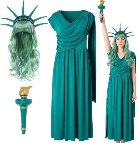 4 Piece Statue of Liberty Costume Set with Torch Tiara Green Dress Wig for Women Halloween Parade Patriotic Events in Saudi Arabia