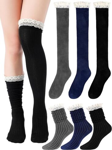 3 Pairs Women Cotton Knit Boot Socks Knee High Stockings with Lace Trim Slouch Stacked Scrunch Socks Free size in Saudi Arabia
