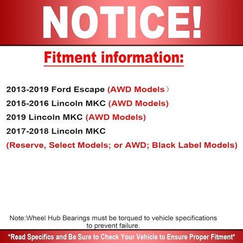 512499 Rear Wheel Bearing and Hub Assembly 2WD for Ford Escape 2013-2019, C-Max 2013-2018, Lincoln MKC 2015-2019 Wheel Hub Bearing Assembly w/ABS 5 Lugs FWD (Without Parking Assist) in Kuwait
