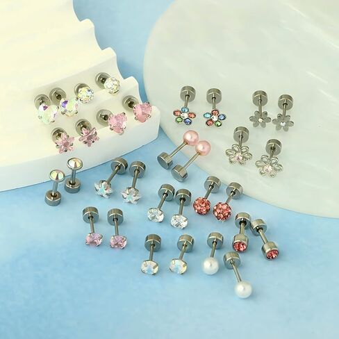 QINHE 8 Pairs 16PCS Stainless Steel Body Jewelry Set - 0.8mm Thickness, 6mm Balls, Pearl/CZ Heart/Star/Flower Designs, Hypoallergenic Ear/Nose/Belly Rings, PE Display Case Gift Ready in Saudi Arabia