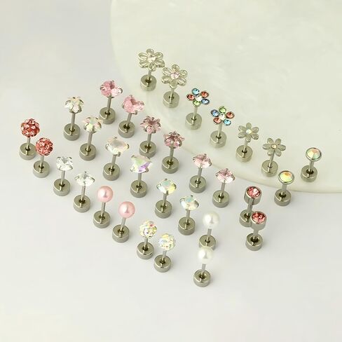 QINHE 8 Pairs 16PCS Stainless Steel Body Jewelry Set - 0.8mm Thickness, 6mm Balls, Pearl/CZ Heart/Star/Flower Designs, Hypoallergenic Ear/Nose/Belly Rings, PE Display Case Gift Ready in Saudi Arabia