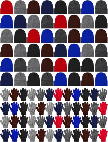 Retisee 96 Pcs Kids Winter Beanie and Gloves Set Knit Hat Bulk Warm Gloves Cap for Boys Girls Homeless Gift in Saudi Arabia