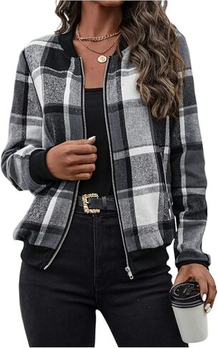 Women's Casual Jackets Plaid Print Zip Front Long Sleeve Stand Collar Loose Outwears Fall Outfits for Women 2025 in Saudi Arabia