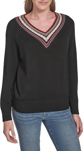 Tommy Hilfiger Womens Solid V-Neck Pullover Tipped Sweater in Saudi Arabia