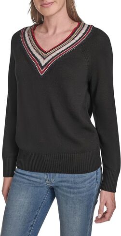 Tommy Hilfiger Womens Solid V-Neck Pullover Tipped Sweater in Saudi Arabia