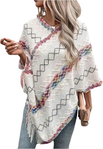 Women's Fringe Poncho Sweater Boho Shawl Cape Tassel Lightweight Shawl Wraps Oversized Knitted Pullover Top in Saudi Arabia
