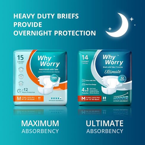 WhyWorry Ultimate Adult Diapers for Men and Women, Disposable Adult Briefs with Tabs for Incontinence, Unisex Incontinence Briefs with Tabs, Ultimate Absorbency, Odor Control, Large, 14 Count in Saudi Arabia