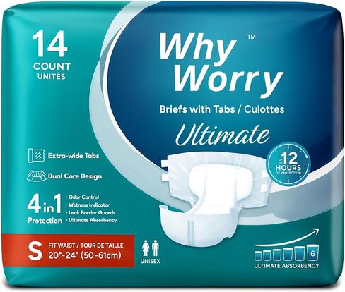 WhyWorry Ultimate Adult Diapers for Men and Women, Disposable Adult Briefs with Tabs for Incontinence, Unisex Incontinence Briefs with Tabs, Ultimate Absorbency, Odor Control, Large, 14 Count in Saudi Arabia