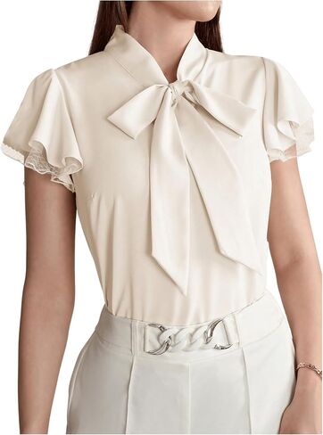 OYOANGLE Women's Elegant Chiffon Blouse Bow Tie Neck Ruffle Cap Sleeve Work Office Top in Saudi Arabia