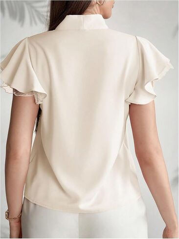 OYOANGLE Women's Elegant Chiffon Blouse Bow Tie Neck Ruffle Cap Sleeve Work Office Top in Saudi Arabia