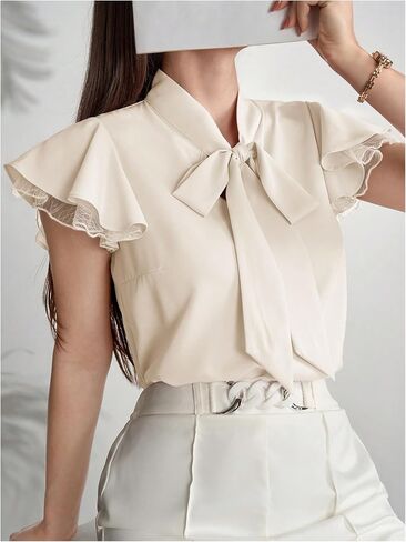 OYOANGLE Women's Elegant Chiffon Blouse Bow Tie Neck Ruffle Cap Sleeve Work Office Top in Saudi Arabia