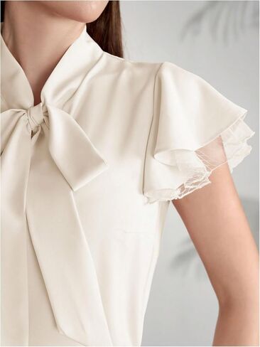 OYOANGLE Women's Elegant Chiffon Blouse Bow Tie Neck Ruffle Cap Sleeve Work Office Top in Saudi Arabia