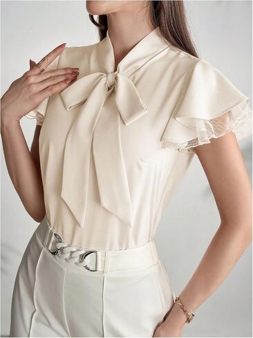 OYOANGLE Women's Elegant Chiffon Blouse Bow Tie Neck Ruffle Cap Sleeve Work Office Top in Saudi Arabia