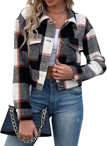 utcoco Womens Cropped Plaid Shacket Jacket Button Down Long Sleeve Flannel Shirts 2025 Fall Coat Tops in Saudi Arabia