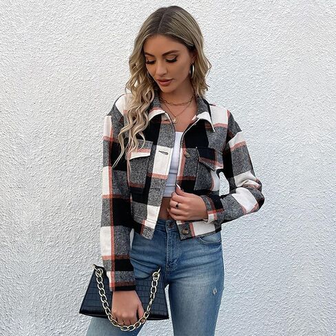 utcoco Womens Cropped Plaid Shacket Jacket Button Down Long Sleeve Flannel Shirts 2025 Fall Coat Tops in Saudi Arabia