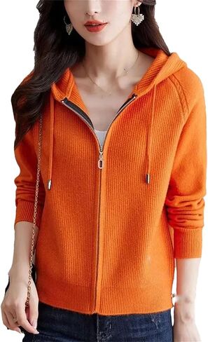 Women Spring Autumn Knitted Sweater Cardigan Coat Long Sleeves Zipper Hooded Short Jacket Tops in Saudi Arabia