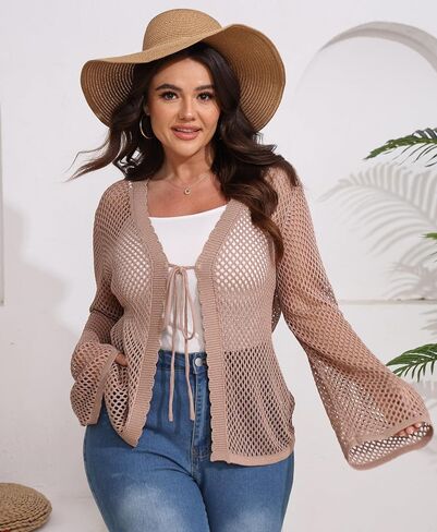 سترة نسائية من الكروشيه بمقاس كبير وخفيفة الوزن وربطة عنق أمامية وأكمام طويلة وغطاء منسوج للصيف in Kuwait