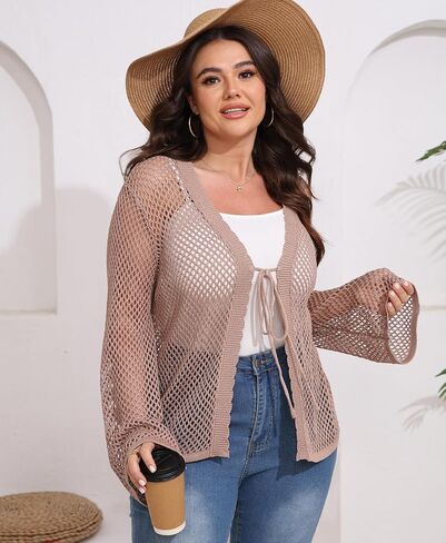 سترة نسائية من الكروشيه بمقاس كبير وخفيفة الوزن وربطة عنق أمامية وأكمام طويلة وغطاء منسوج للصيف in Kuwait
