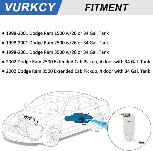 Electric Fuel Pump Module Assembly with Sending Unit Compatible with Dodge Ram 1500 1998-2001, Ram 2500 98-02, Ram 3500 98-02, 5.2L 5.9L, 26 Gal. 34 Gal. Tank, Replace# E7138M in Saudi Arabia