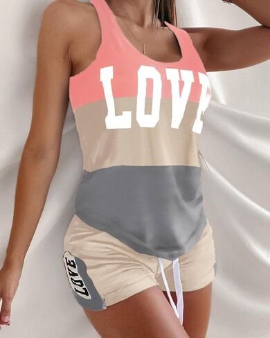 Women 2 Piece Letter Print Color Blocking Pajamas Set Drawstring Tank & Short Casual Summer Lounge Sleepwear Home Nightwear​ in Saudi Arabia