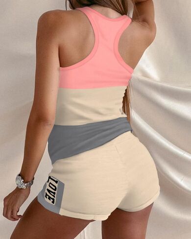 Women 2 Piece Letter Print Color Blocking Pajamas Set Drawstring Tank & Short Casual Summer Lounge Sleepwear Home Nightwear​ in Saudi Arabia