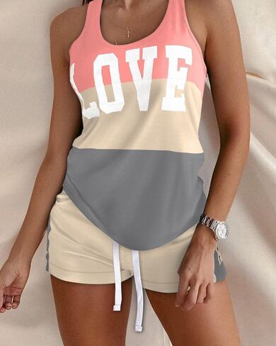 Women 2 Piece Letter Print Color Blocking Pajamas Set Drawstring Tank & Short Casual Summer Lounge Sleepwear Home Nightwear​ in Saudi Arabia
