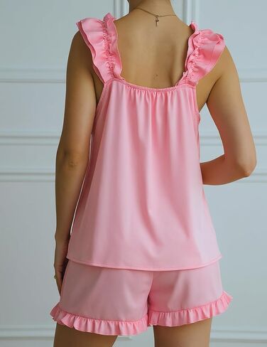 GraceSelect Silk Pajamas for Women Set 2 Piece Pjs Ruffle Soft Tank Top and Shorts Sleepwear Sets Satin Womens Pajamas Set in Kuwait