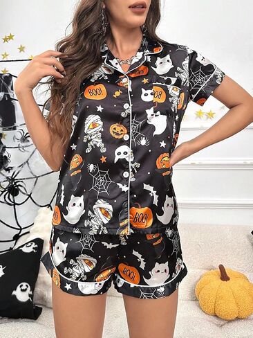 Women's Lounge Sets Ghost Pumpkin Graphic Short Pajamas Set Halloween Loungewear Two-Piece Holiday Outfits in Saudi Arabia