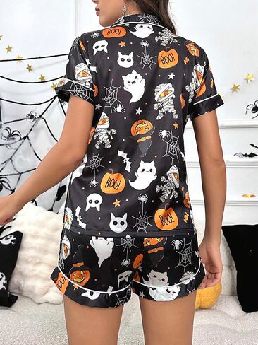 Women's Lounge Sets Ghost Pumpkin Graphic Short Pajamas Set Halloween Loungewear Two-Piece Holiday Outfits in Saudi Arabia