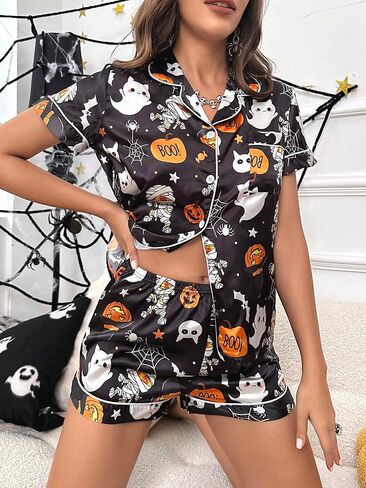 Women's Lounge Sets Ghost Pumpkin Graphic Short Pajamas Set Halloween Loungewear Two-Piece Holiday Outfits in Saudi Arabia