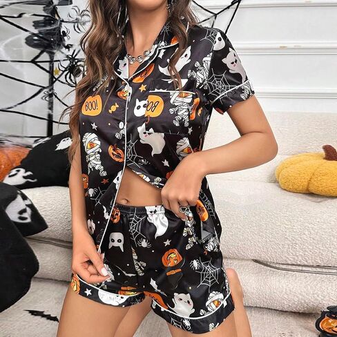 Women's Lounge Sets Ghost Pumpkin Graphic Short Pajamas Set Halloween Loungewear Two-Piece Holiday Outfits in Saudi Arabia